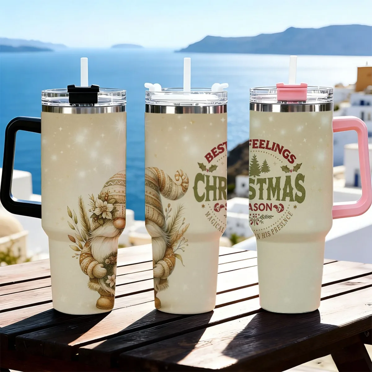 40oz Vintage Christmas Gnome Best Christmas Season Print Stainless Steel Tumbler With Handle Straw Lid 24 Hours Cold Insulated Travel Water Cup