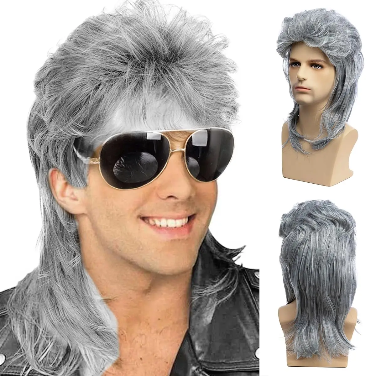 

Sallcks Silver Grey Mullet Wigs for Men 80s Long Punk Rocker Wig Synthetic Halloween Costume Wigs for Men