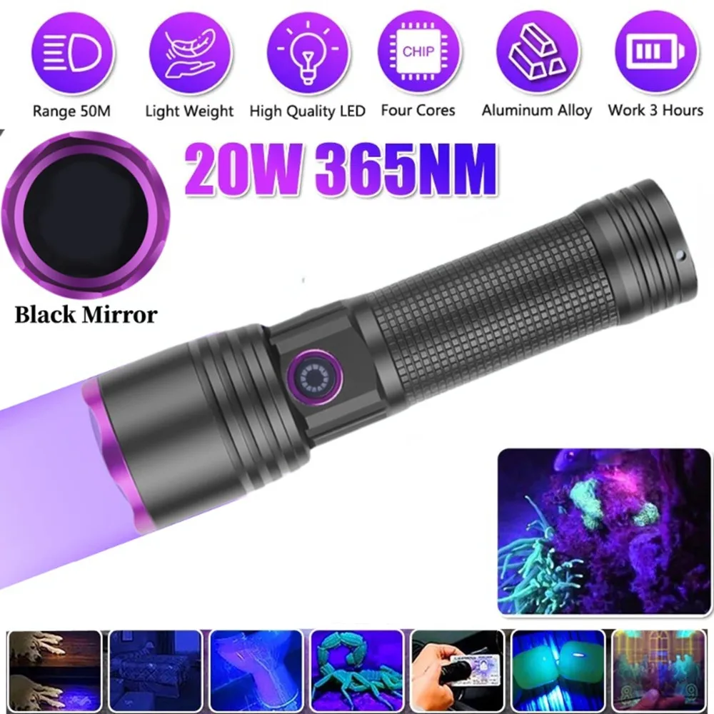 365NM UV Flashlight Black Mirror Purple Light Fluorescent Oil Pollution Detection Type C Rechargeable Use 26650 Battery