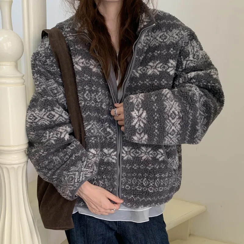 

Vintage Jacquard Quilted Jacket Coat Winter for Women Lambwool Zip Up Overcoat Female Loose Parkas Warm Outerwear 2025