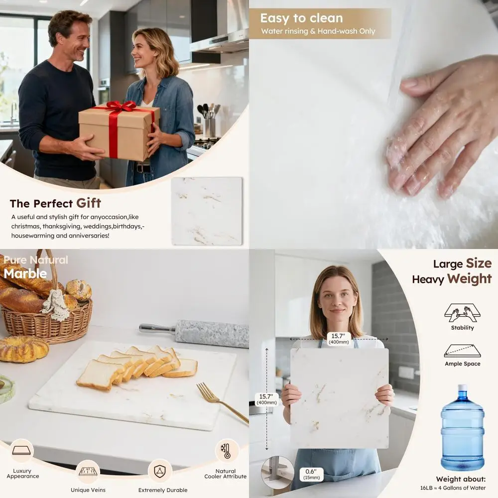 

Large 16x16 White Marble Cutting Board with Gold Veins, Non-Slip Feet, for Kitchen Use