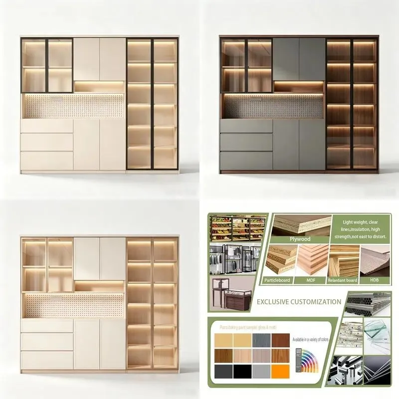 Modern Laminate Veneer Display Cabinet with Glass Doors and Panel Area for Upscale Retail Stores