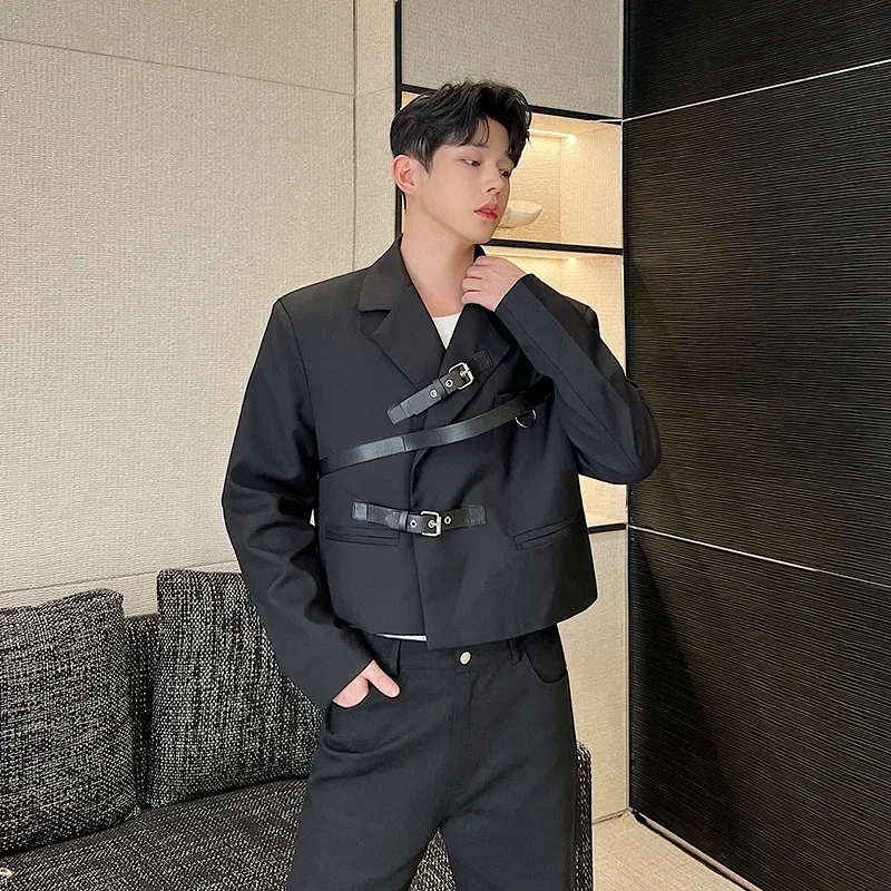 Asymmetric Design Belt Decoration Black Short Suit Jacket Korean Style Fashionable All-match Male Blazer Autumn WA1942