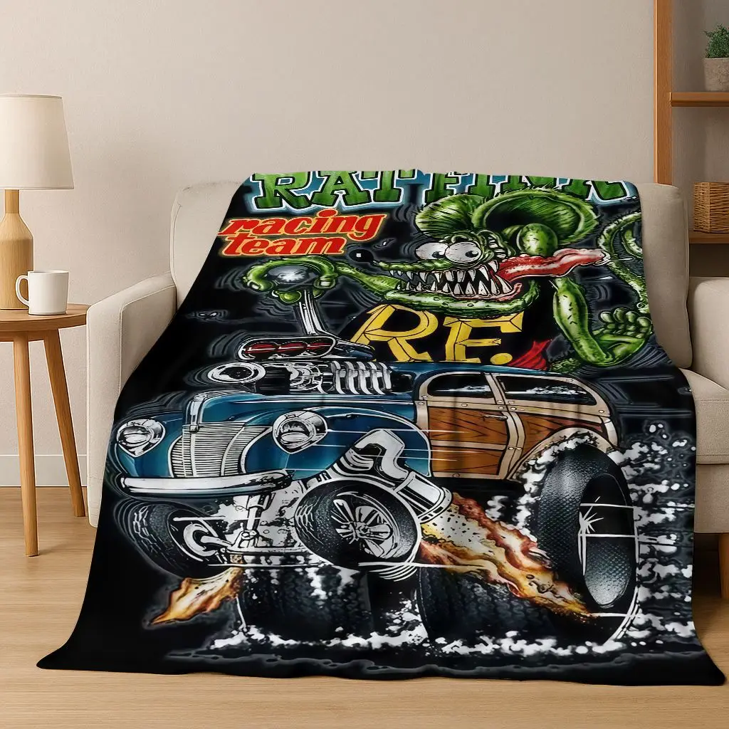 Rebellious RAT FINK Cars Sign Cartoon Flannel Blanket,Warm and Cozy Soft Throw Blanket for Home Bedroom Bed Sofa Picnic Cover