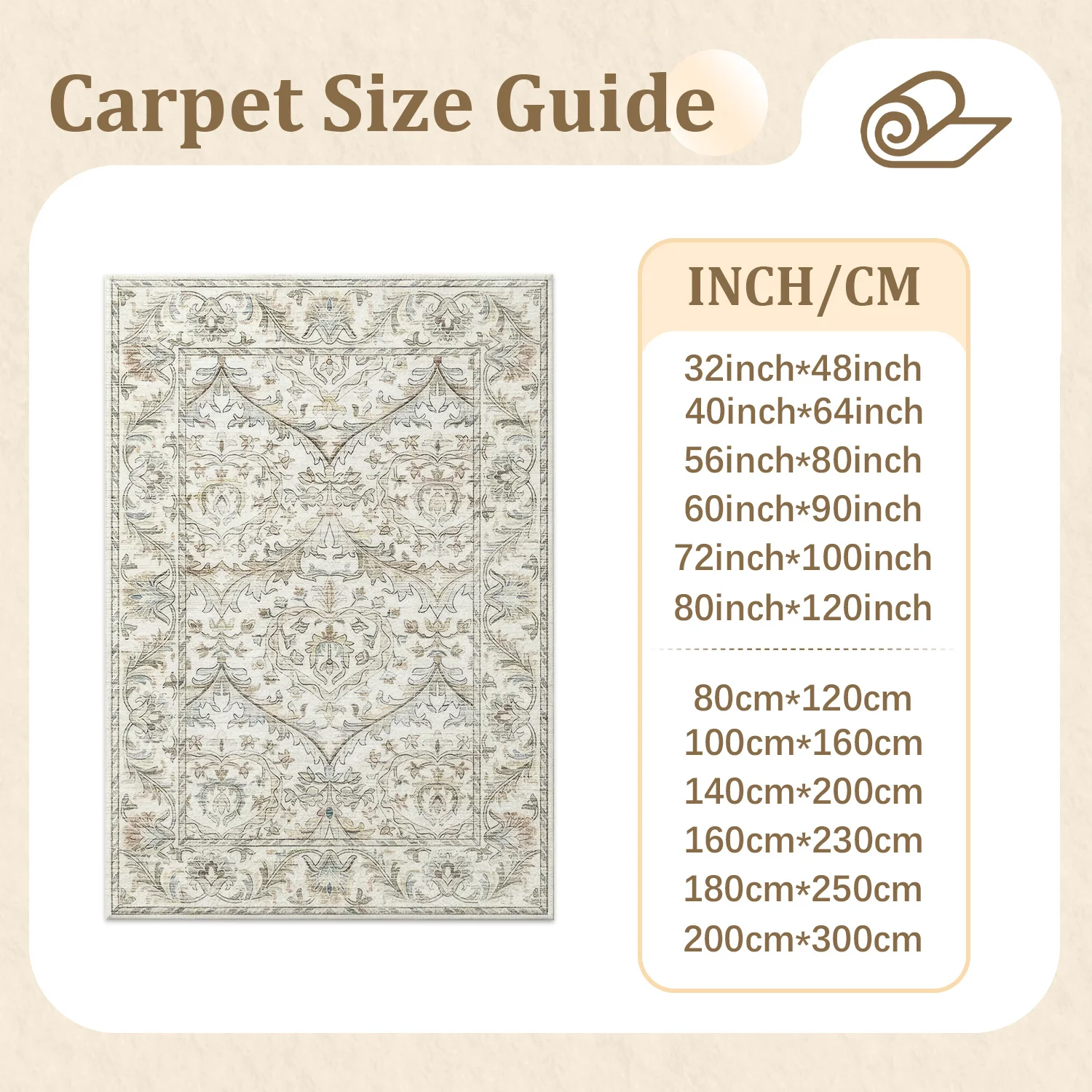 Large Indoor Area Rug, Soft Velvet Low Pile, Non-slip Dotted Backing, Machine Washable Vintage Distressed Oriental Pattern for Living Room, Bedroom, Neutral Toned Home Floor Decor