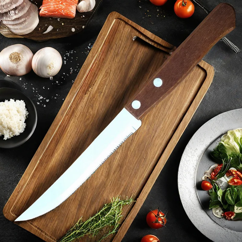 Wood Handle Fine Tooth Serrated Steak Knife Set Cutlery Stainless Steel Sharp Serrated Table Knife Dishwasher Safe Suitable