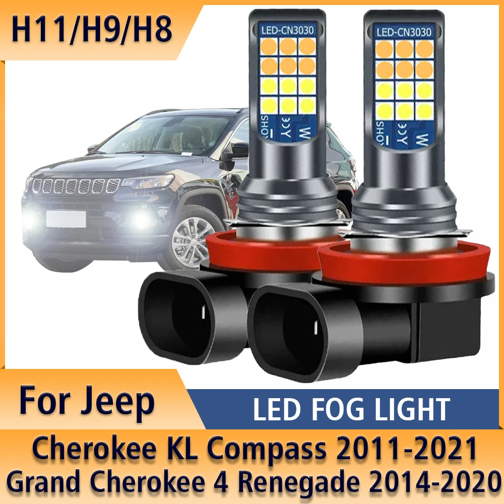 2pcs LED Fog Light Blub H11 Lamp Canbus No Error For Jeep Cherokee KL Compass 2011-2021 Grand Cherokee 4 Renegade 2014-2020
