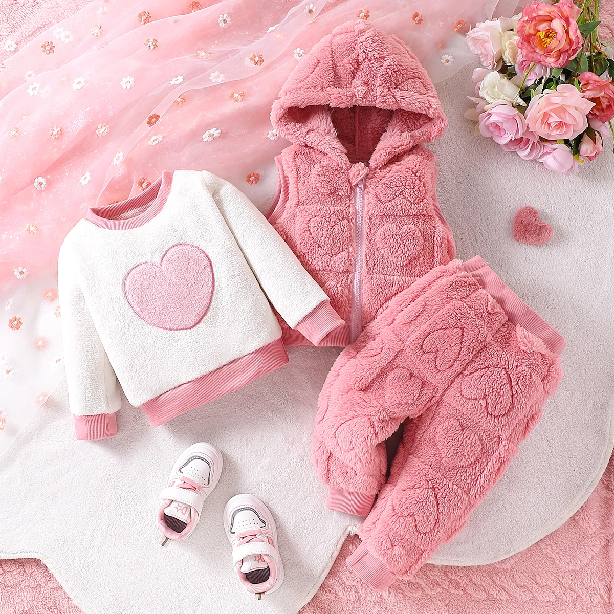 Three piece set of fashionable and casual jacquard love plush hooded vest and love plush top and pants set for baby girls