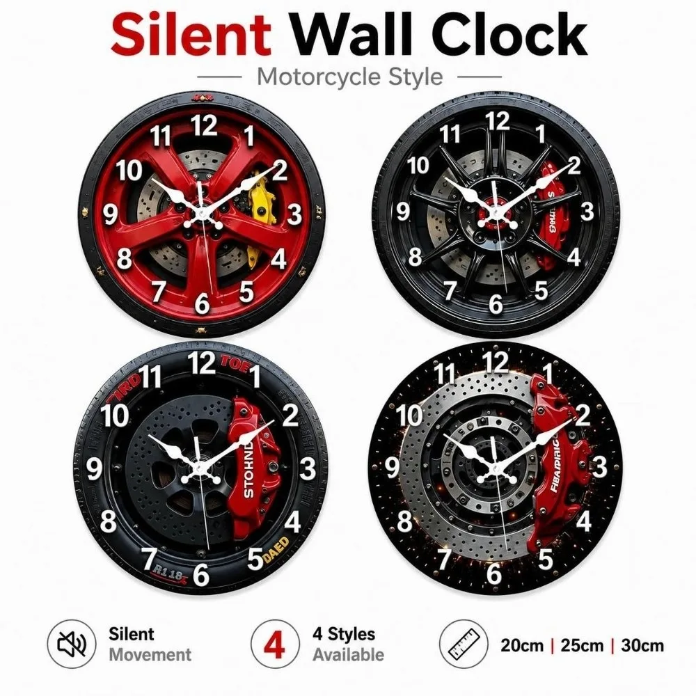Motorcycle Style 2D Flat Wall Clock 20/25/30cm Silent 2D Car Wheel Hub Wall Clock Non-ticking Wall Decor Quartz Wall Clock