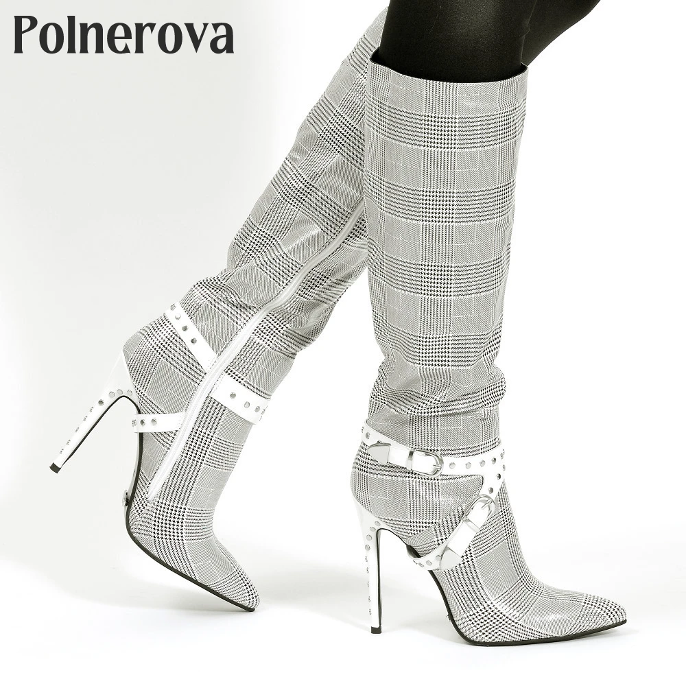 Glen Check Pattern Knee Boots White Studded Cross-Strap Stiletto Boots Sexy British Style Pointed Boots for Women Handmade Shoes