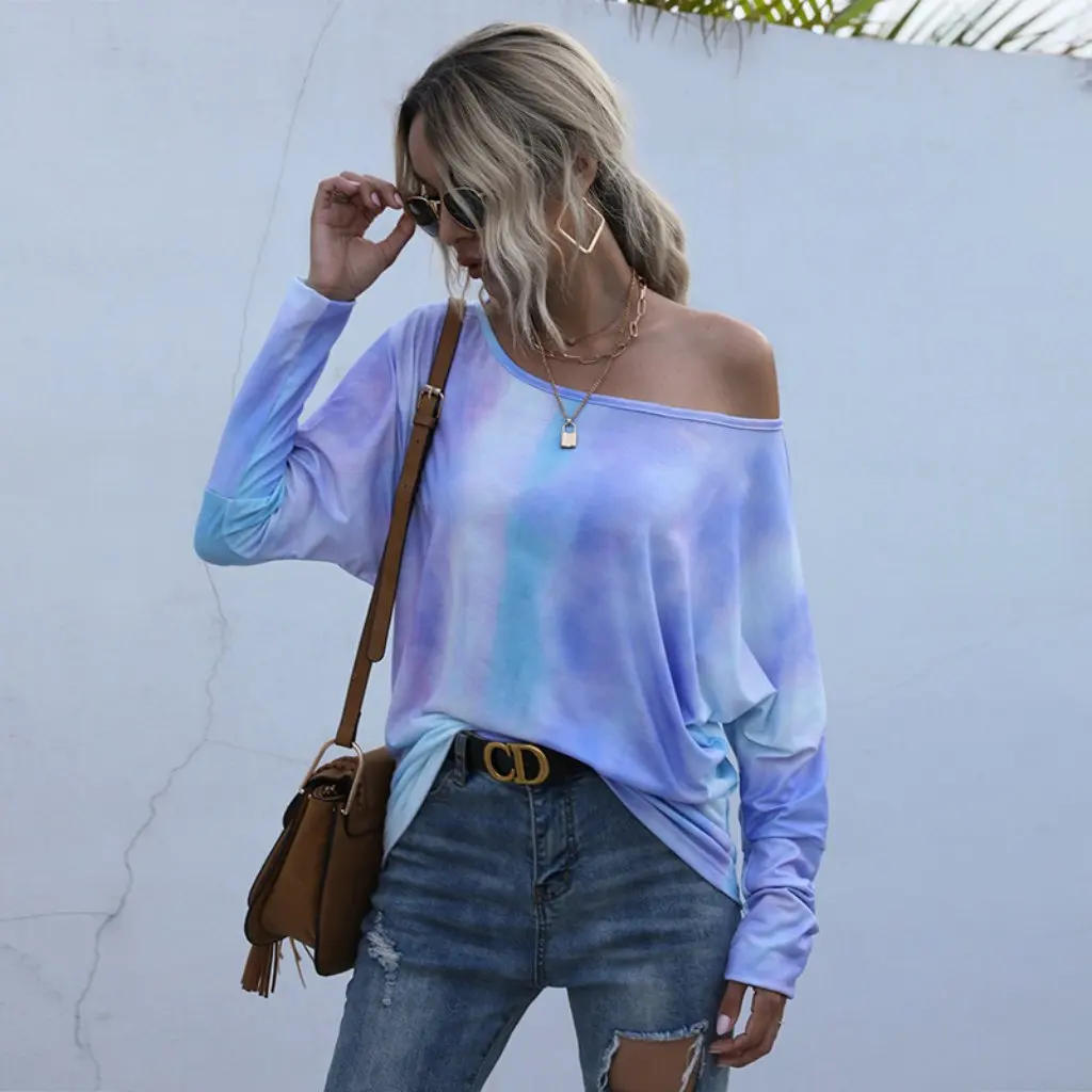 

Export Tie-Dye T-Shirt Women's Loose Fit Mid-Length Long-Sleeved round Neck Fashion Top Independent Site