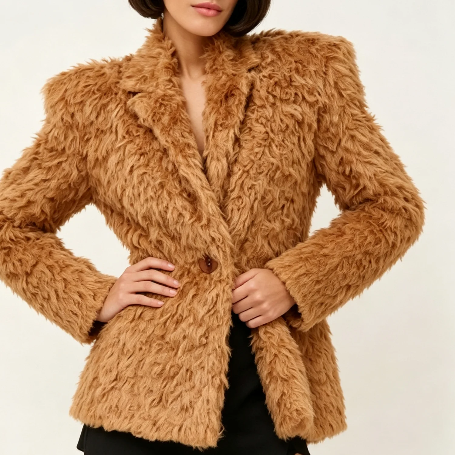 PUAL  Women Lapel Fuzzy Faux Fur Jacket Single Button Shoulder‑pad Warm Winter Plush Outerwear