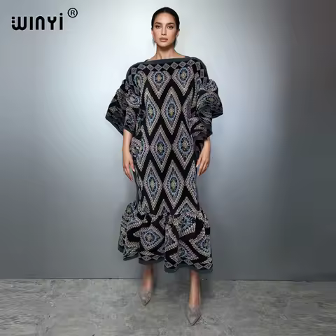 WINYI Pleated Elastic slim dress retro beach cover up muslim woman kaftan abaya dubai luxury long down holiday evening dress
