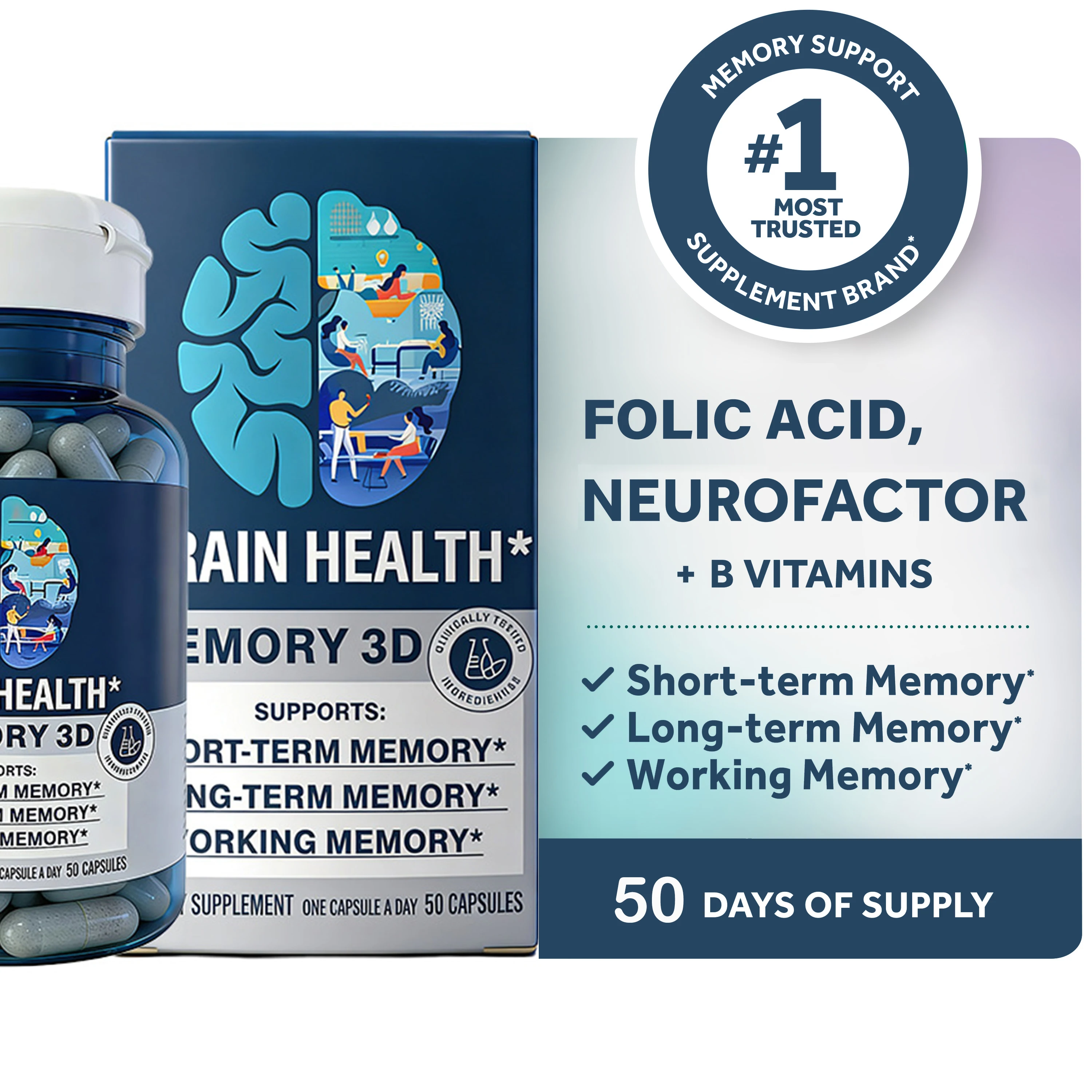 Memory 3D Brain Supplement - Nootropic Capsules for Memory, Focus & Cognitive Function - Short Term, Long Term & Working Memory