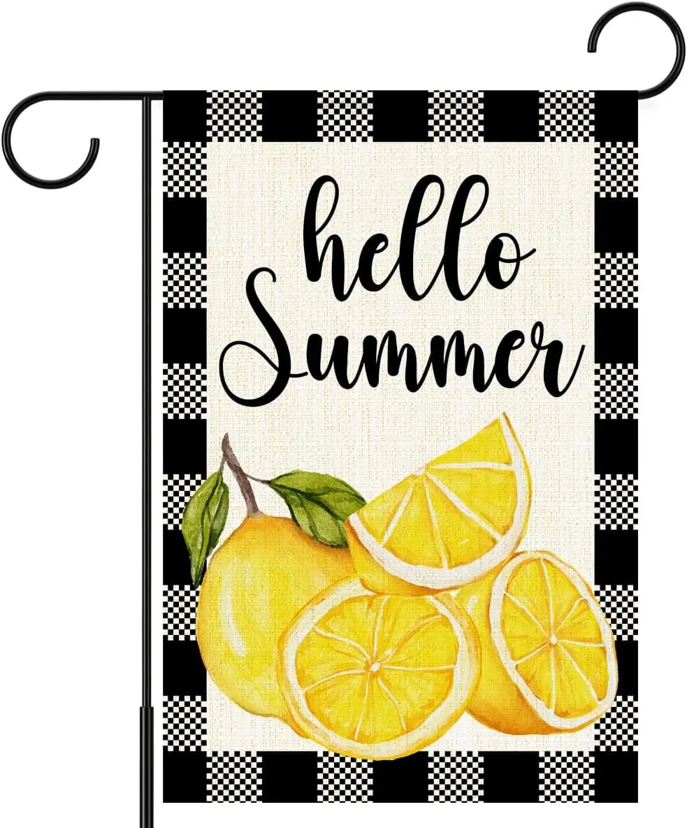 Hello Summer Lemon Garden Flag for Outside,Summer Buffalo Plaid Garden Flag Yard Flags for Yard Lawn Porch Outdoor Decoratio IIC