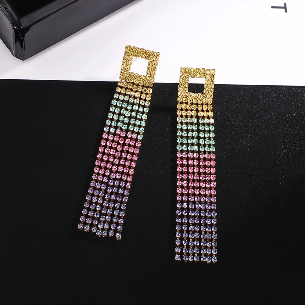 Fashion Mixed color Crystal Rhinestones Dangle Earrings Trendy Statement Tassel Pendant Earrings for Women Weddings Jewelry E780