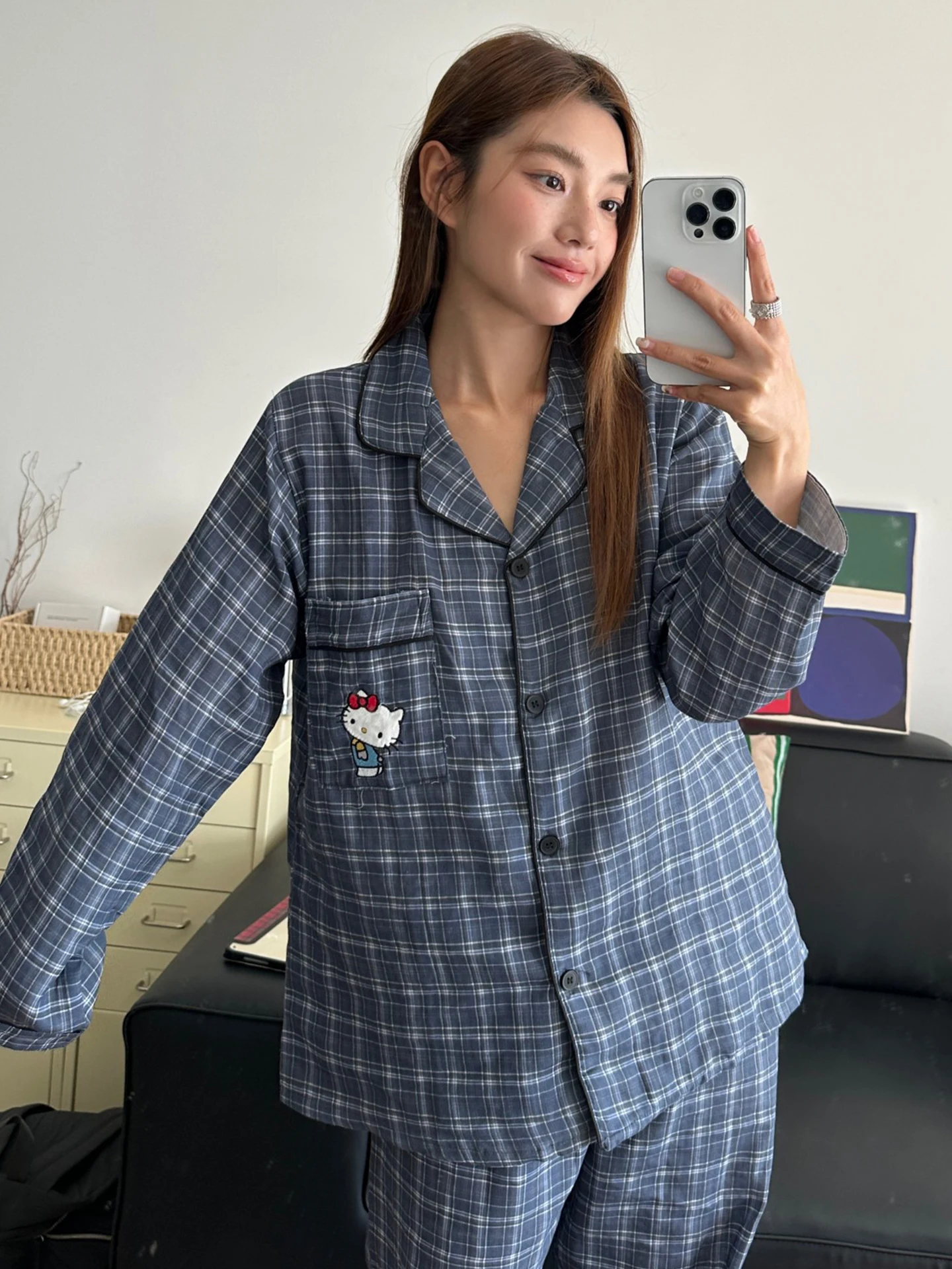 純綿パジャマ女性の長袖長ズボン春秋屋外着用可能なホーム服セット快適な柔らかい生地