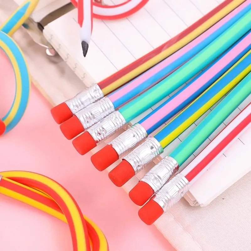 Lápiz mágico Flexible con goma de borrar para niños, lápices curvos coloridos y creativos, suministros escolares, regalo para estudiantes, 6/1 piezas