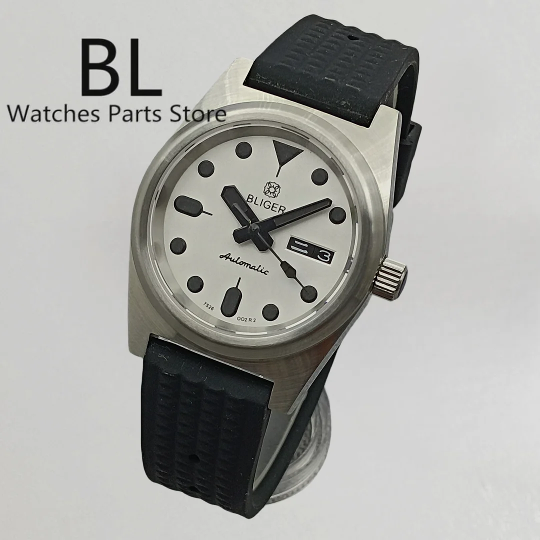 BLIGER NH36A Mechanical Mens Watch 38mm Silver Case Sapphire Glass Black White Dial C3 Green Luminous Rubber Strap Week-date