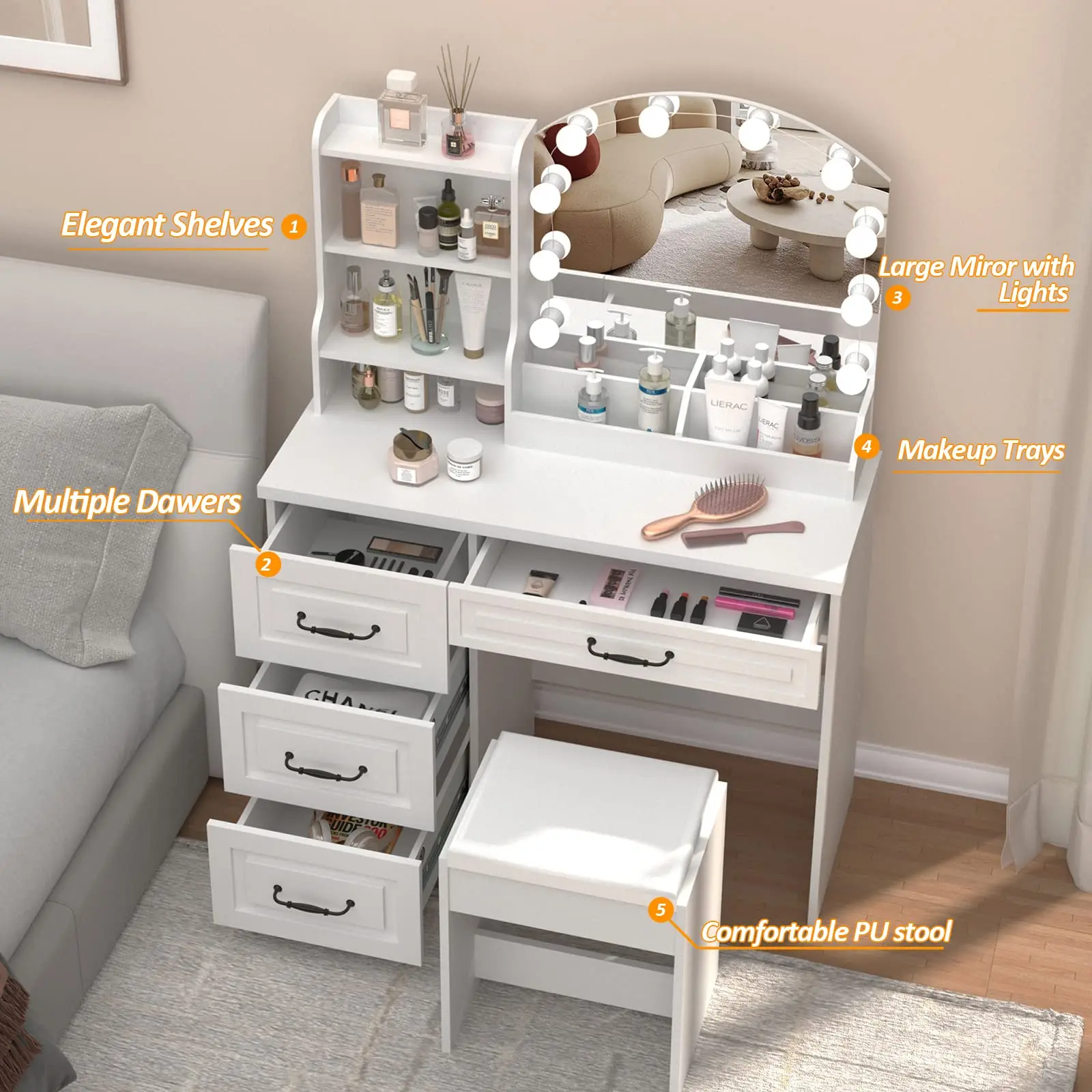 Vabches Vanity Table with Lights Mirror Makeup Vanity Desk with Charging Station&4 Storage Drawers White Vanity Set for Bedroom