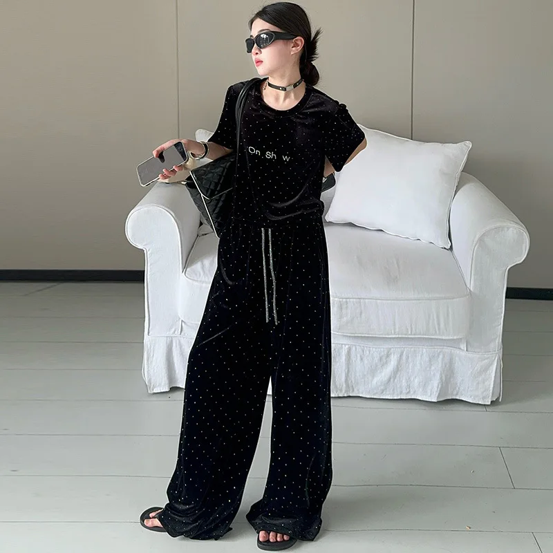 Teenager Girls Velvet Shiny clothes set Bright Diamond Top+Wide leg pants 2pcs junior kids suit child outfits ensembles enfant