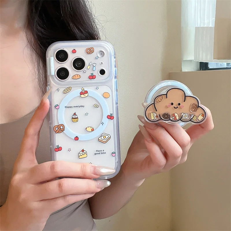 

Cute Bread Phone Case For iPhone 15 16 17 Pro Max For MagSafe Clear Cover Cartoon Dessert Airbag Shockproof Back Protector Gift