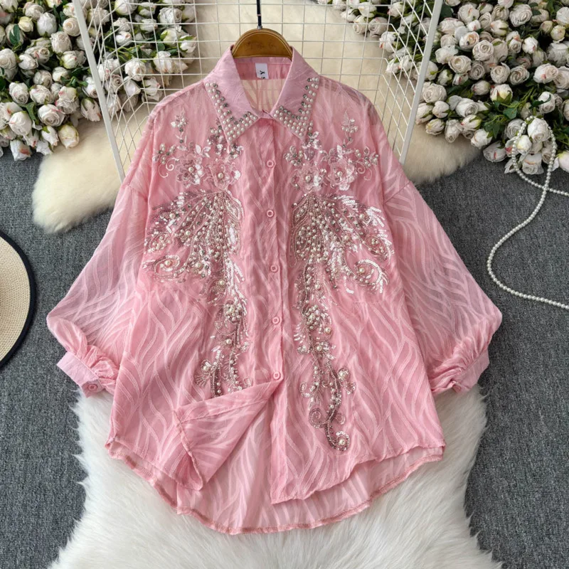 # 3203 Schwarz Weiß Blau Rosa Hemden für Damen mit Pailletten und Perlen, Lockerer Französischer Stil, Laternenärmel, Damenhemden in Schwarz/Weiß/Blau/Rosa