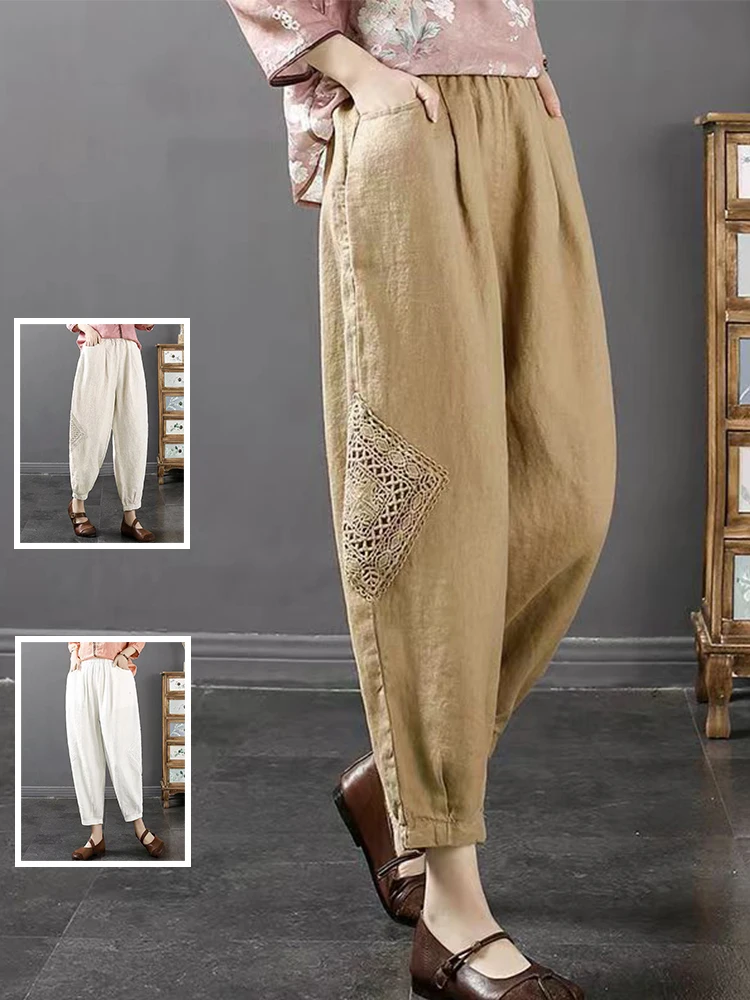 

Повседневные хлопковые льняные брюки Харлан с высокой талией для женщин больших размеров, винтажные лоскутные брюки с кружевными деталями, свободные брюки