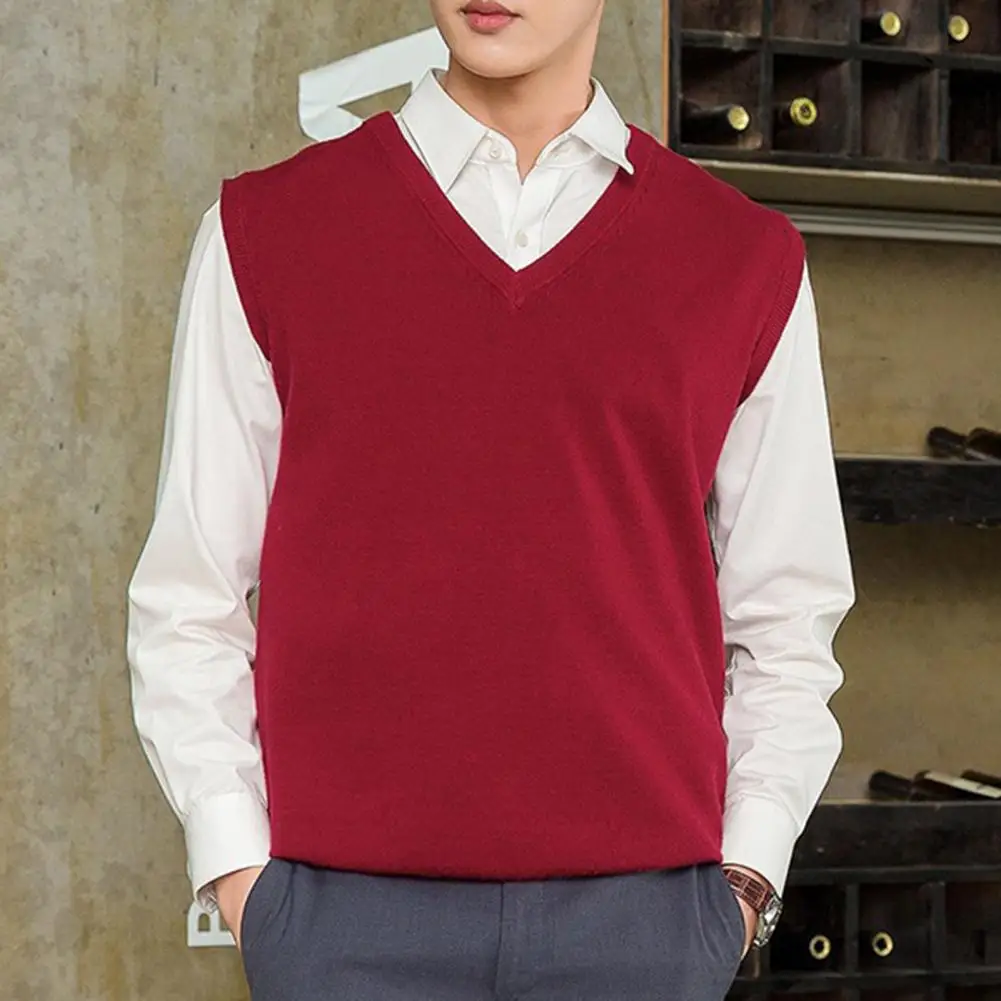 

Simple Knitting Vest Wear-resistant Stretchy Breathable Men Solid Color V-neck Pullover Waistcoat