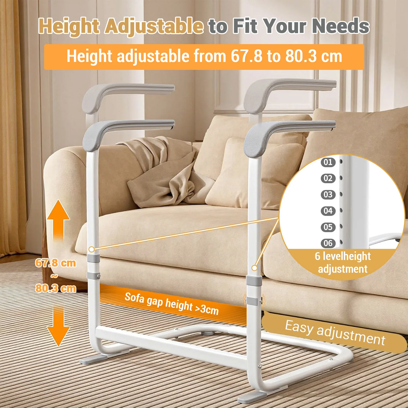 Free‑Standing Toilet Safety Frame Sofa Armrest, Height Adjustable Toilet Grab Assist Rail with Non‑Slip Padded Handles, Bathroom Auxiliary Support Bar for Elderly Seniors Handicap Pregnant