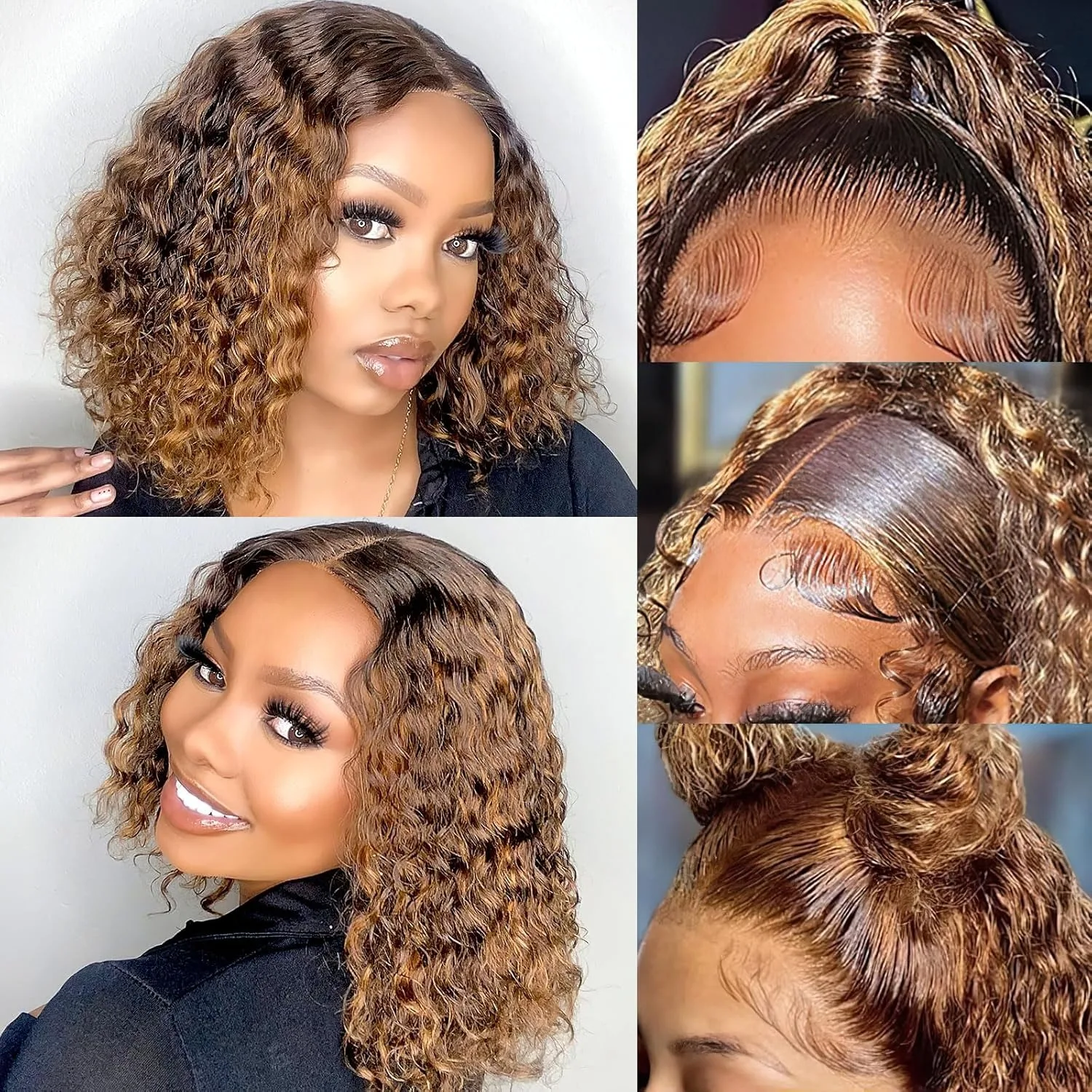 13x4 موجة عميقة مجعد الدانتيل الجبهة الباروكات للنساء 4/27 تسليط الضوء على الدانتيل الجبهة الباروكات شعر الإنسان غلويليس قصيرة بوب شعر مستعار قبل قطعها مع #2