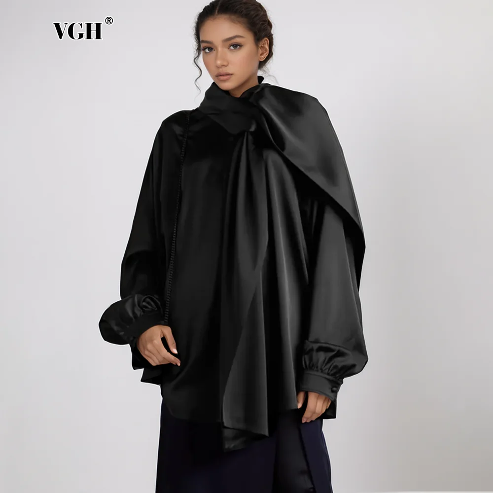 

VGH Solid Minimalist Casual Loose Blouses For Women Hooded Long Sleeve Patchwork Single Breasted Shirts Female Fashion Style New