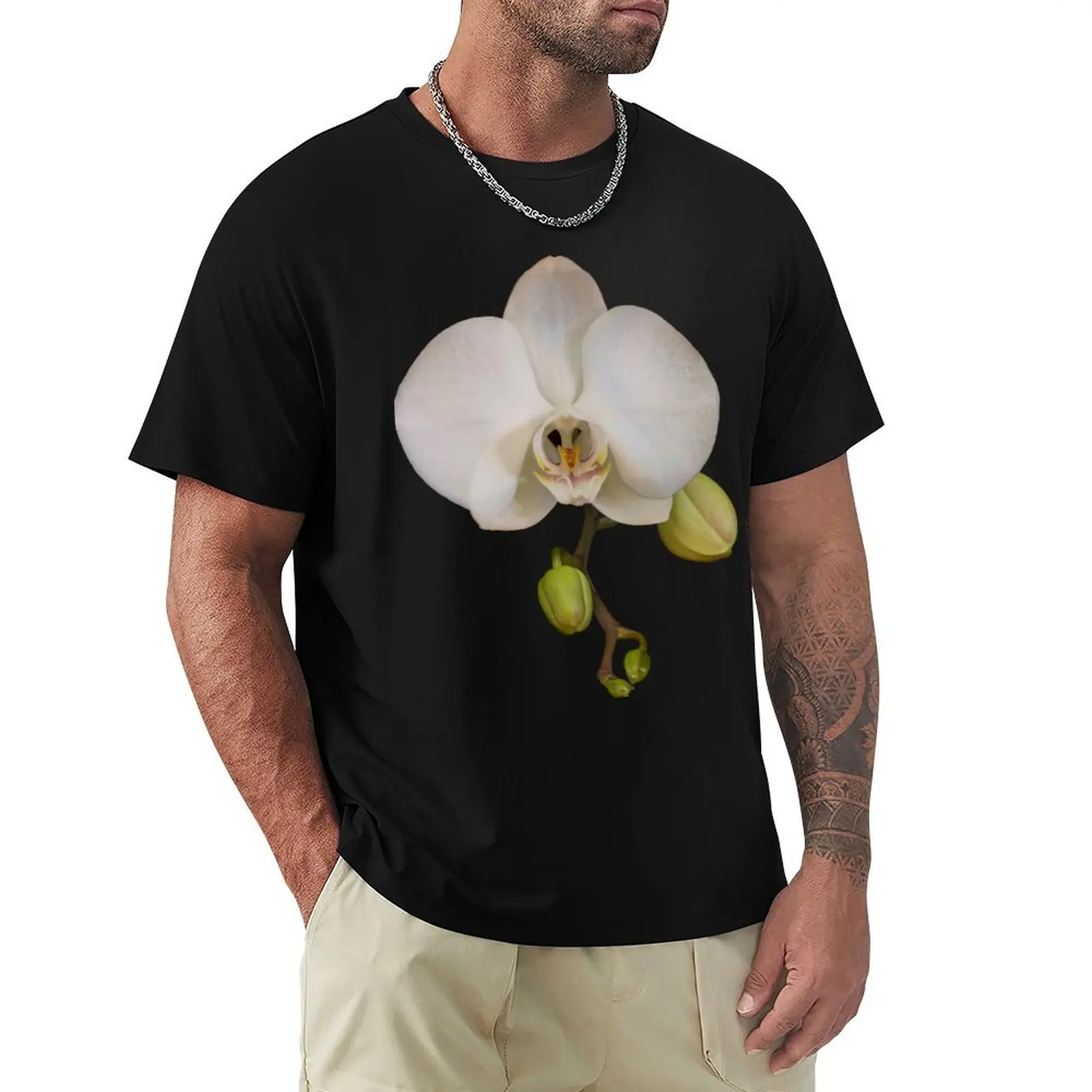 White Orchid on Black T-Shirt Casual Breathable Short Sleeve Top