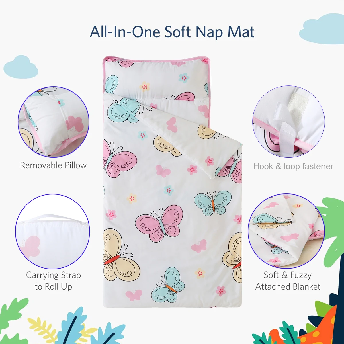 Butterfly Printed Sleeping Bag with Removable Pillow Soft Sleeping Mat for Boys Girls Preschool Ages 3-6 Years 100% Cotton