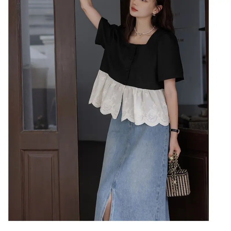 Women Solid Shirt Sweet Chic Puff Short Sleeve Female Blouse Korean Summer New Square Collar Loose All Match Spliced Crop Tops