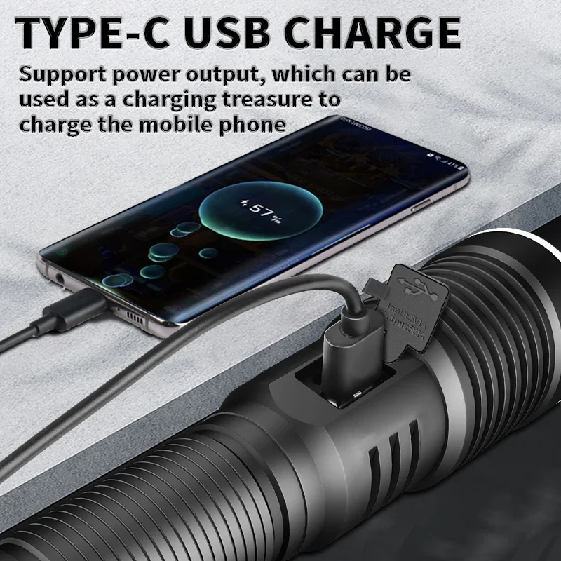 ZHAOZHANGX XHP70 LED flashlight TYPE-C digital power display telescopic long-range strong light flashlight