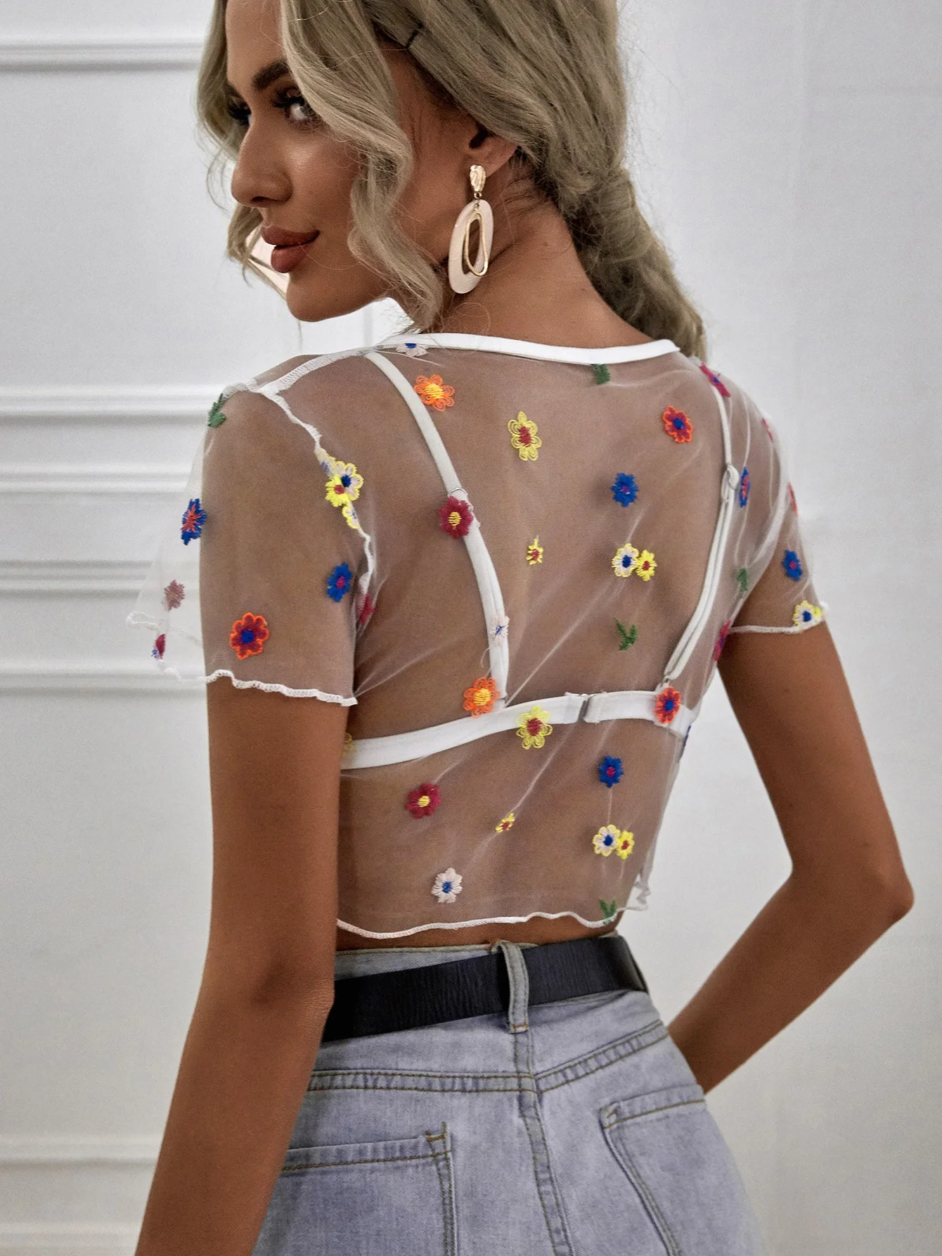 Sexy Womens embroidery flower Short Sleeve T Shirt Mesh Tops female T-shirt for women