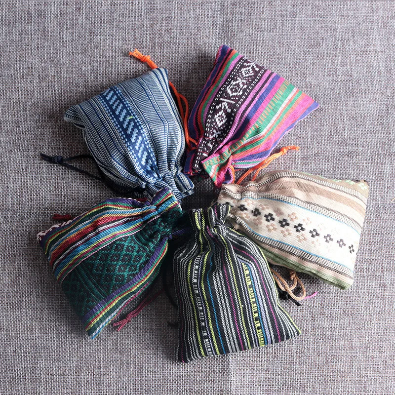 New 50pcs/lot Ethnic wind cotton bags 9x13cm Colorful Stripe Candy Gifts Jewelry Packaging Bags Cute Cotton Drawstring Gift Bag