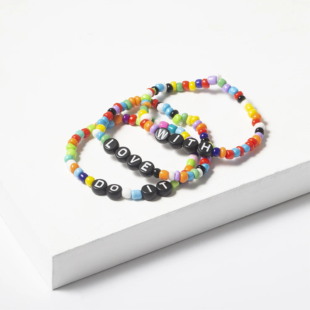 

3pcs Alphabet Bead Bracelet Set Women Stainless Steel Letter Charms Colorful Jewelry Gift Travel Daily Party Accessories