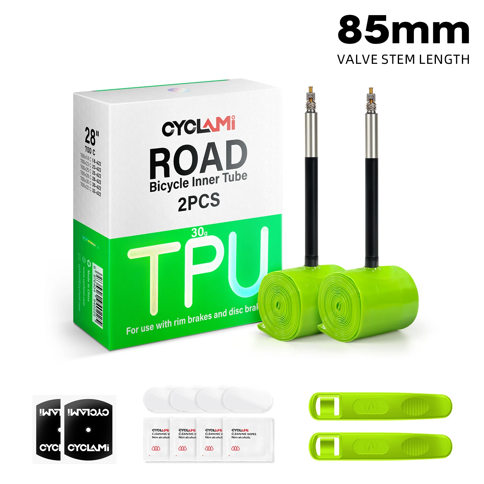 CYCLAMI Fahrradschlauch Französischer Presta FV 45 65 85 Rennrad Ultraleichter Grüner TPU-Reifen 700C 700 x 18 23 25 28 30 32C