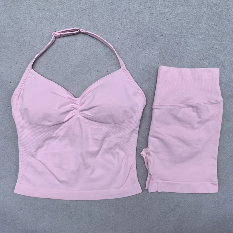 2 Pieces Seamless Yoga Set Workout Clothes Shorts Sets Adjustable Longline Strappy Top Scrunch Shorts Yoga Clothing Gym Set image 3