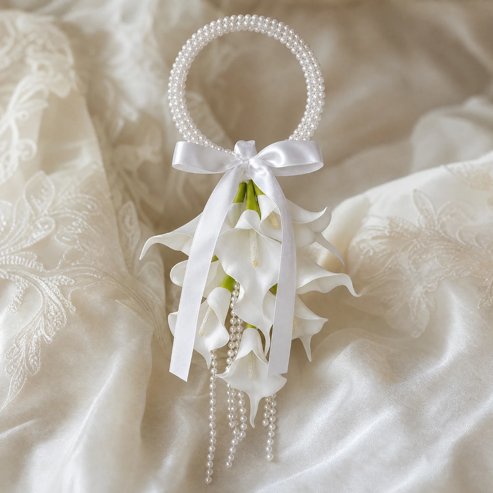 Cascading Bouquet with Hanging Bead Strands Long Lasting Cascading Calla Lily Bridal Bouquet Flower Arrangement Romantic Refined