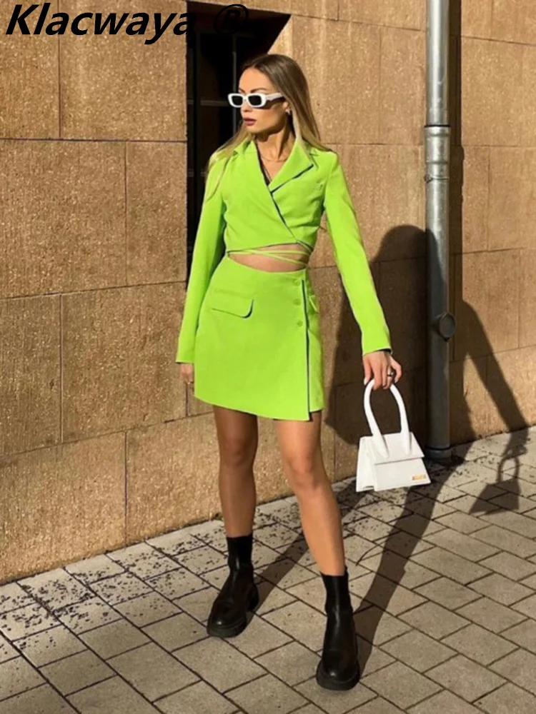 

Klacwaya Women Suits With Skirt 2 Piece Set Women Spring 2022 Office Lady Cropped Blazer High Waist Mini Skirts Female Suit