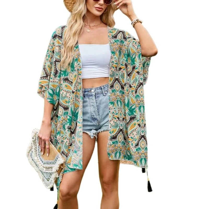 Elegant Geometric Pattern Shawl with Fringes Outdoor Thin Poncho Vacation Capes