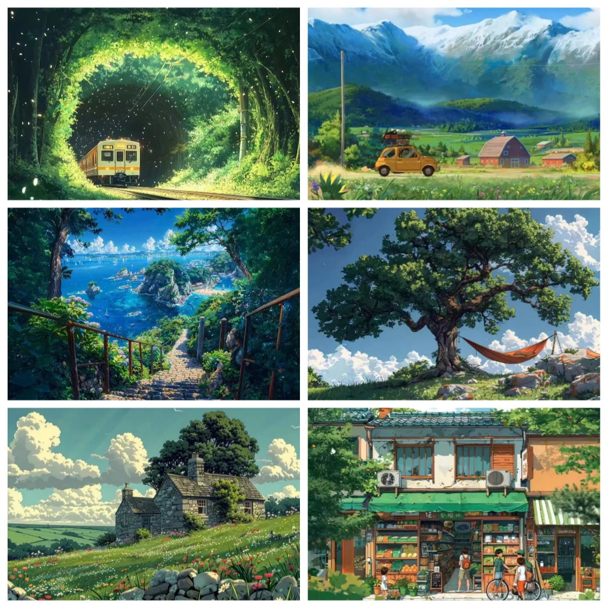 Jigsaw Puzzle 500/1000/1200/2000PCS Ghibli Inspired Countryside Nature Montage Forest Train Coast Shop Meadow Art Family Present