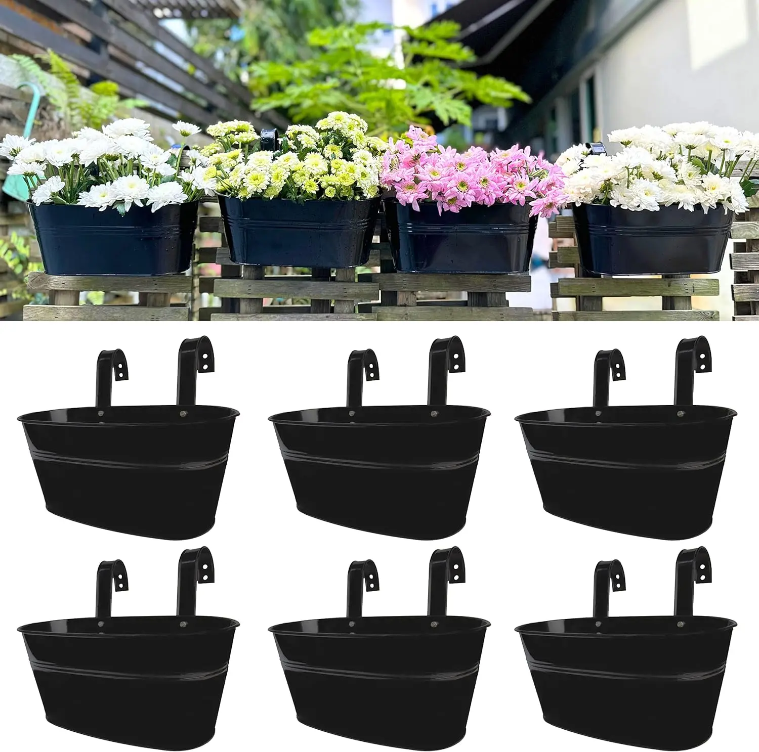 Outdoor Rail Planter (6 Pack, 11.8 Inch) Black Metal Iron Hanging Flower Pots Deck Railings Fence Buckets Outside Countryside Boho Style Wall Mount Window Box Plant Holder Hook Porch Decor