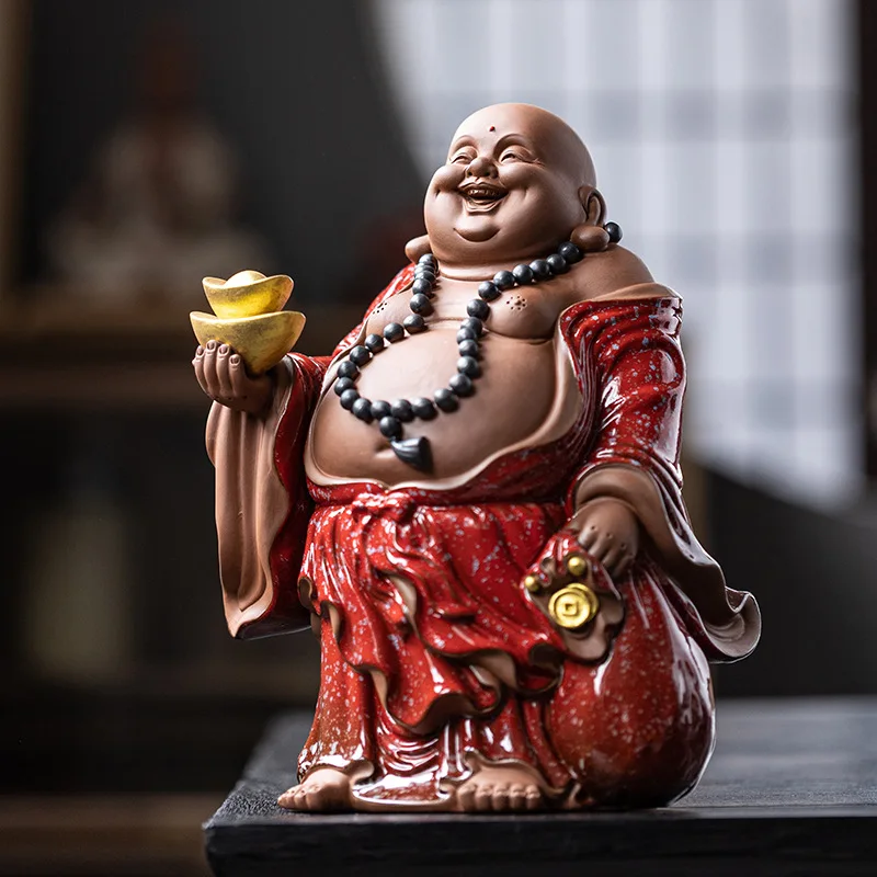 Ceramic Smiling Buddha Maitreya Buddha Ornaments Chinese Household Living Room Tea Desktop Zen Buddha Statue Decoration Home Hou