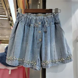 Elastic waist 2022 Summer European Women Exquisite Rhinestone Denim Shorts Ladies Fashion Loose Wide Leg A- Line Jeans Hot Pants