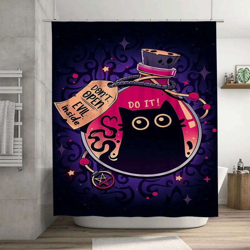

Whimsical Halloween Decor Shower Curtain with Supernatural Cats and Witchy Warnings Creepy Cute Bath Rug for Kids Bathroom or Do