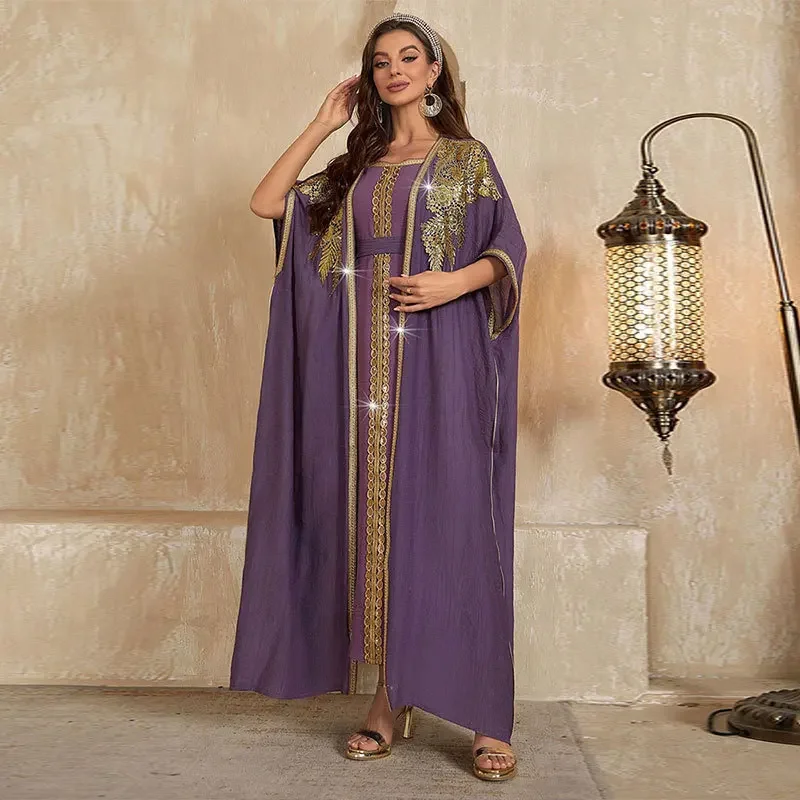 Eid Muslim Abayas for Women Party 2 Piece Set Embroidery Cardigan Robe Lace Up Dress Morocco Kaftan Islam Ramadan Dubai Vestidos